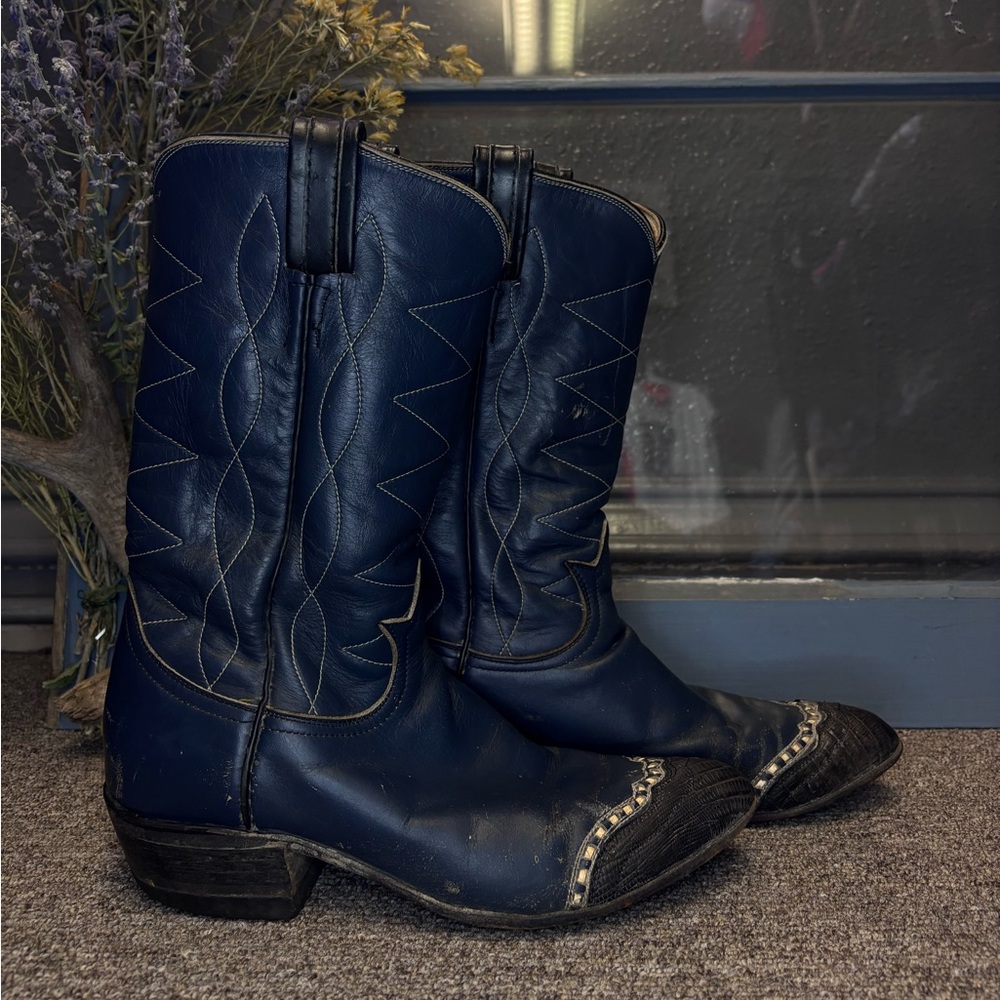 Blue Leather Heeled Boots